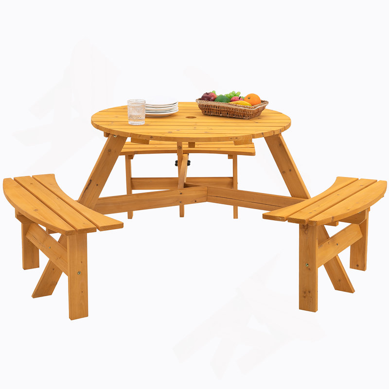 6-Person Circular Outdoor Wooden Picnic Table For Patio, Backyard, Garden, Built-In Benches, Natural