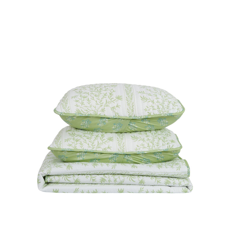 Full Green Floral Reversible Microfiber Quilt Set