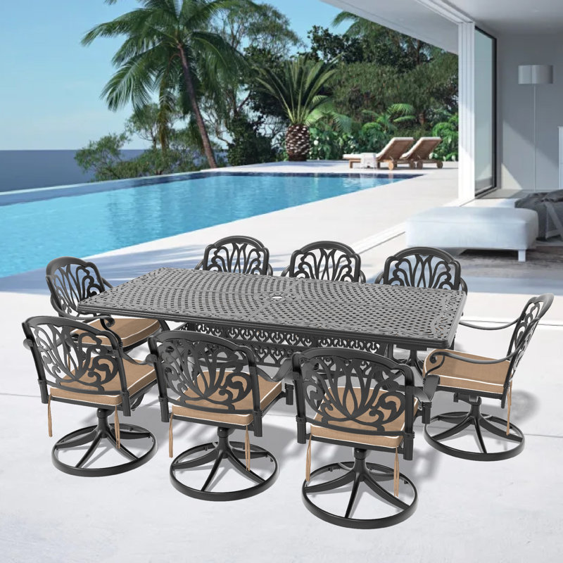 8-Piece Rectangle Cast Aluminum Outdoor Patio Dining Set with 7 Swivel Chairs & Cushions & Umbrella Hole