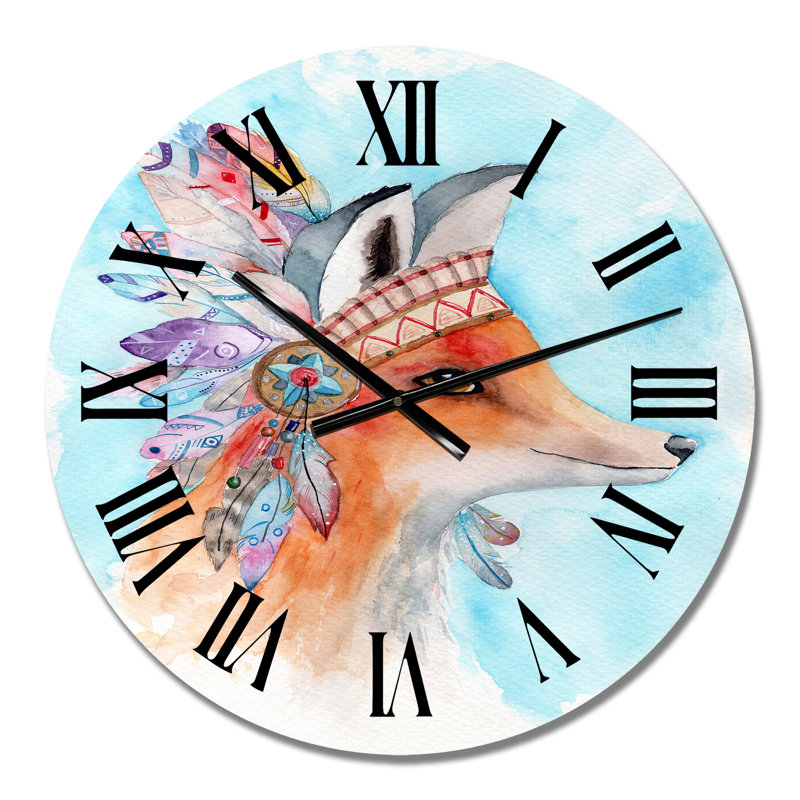 Horloge murale - Renard roux avec couronne de plumes tribales - Americana, Petit
