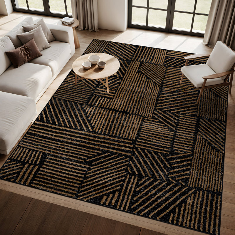 Rambo Geometric Black/Ivory Area Rug, Rectangle 7'10" x 10', Camel