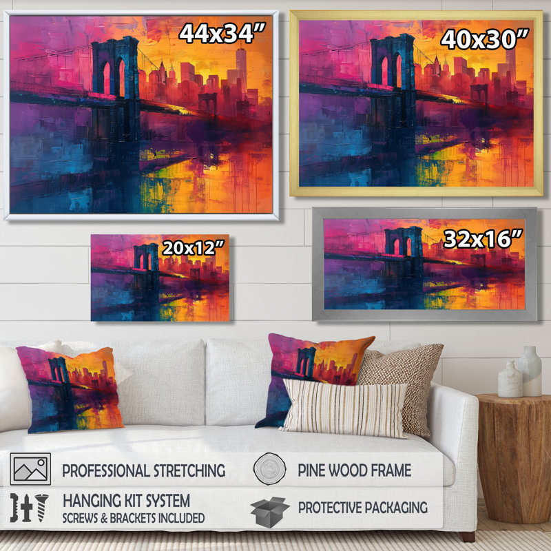Décoration murale rouge et bleue Brooklyn Bridge Nyc I - Bridges, Toile argentée avec cadre flottant