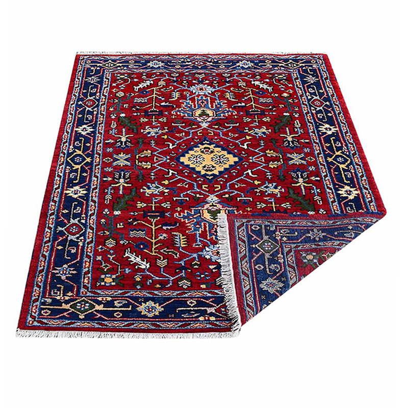 Red Blue Silk and Wool Handmade Oriental Area Rug, Hand Knotted, Rectangle Shape, Rectangle 3' x 5'