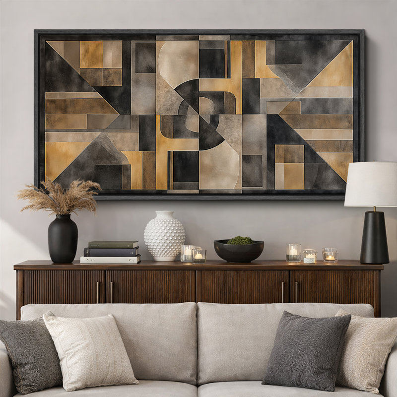 Impression sur toile encadrée géométrique or et gris anthracite, H 30 po x l 60 po, Noir