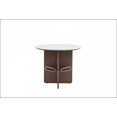 Table de salle à manger de style médiéval en pierre frittée ronde avec rangement, pieds en bois aggloméré noyer pour les petites familles