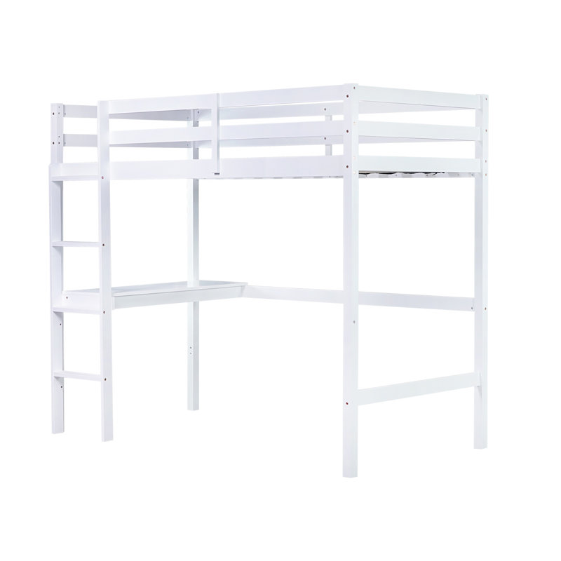 Twin High Loft Bed with Built-in Desk, Ladder & Safety Guardrails – Rubber Wood Kids Study & Sleep Space,White, White
