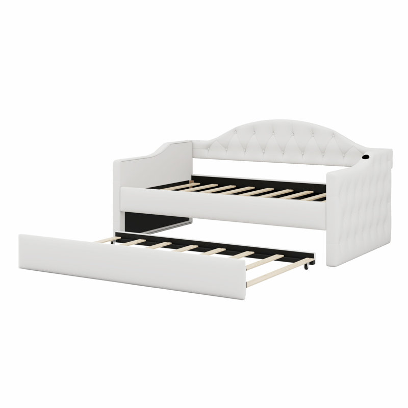 Tufted Upholstered Daybed With Trundle, With USB&Type-C Charging Ports, Beige