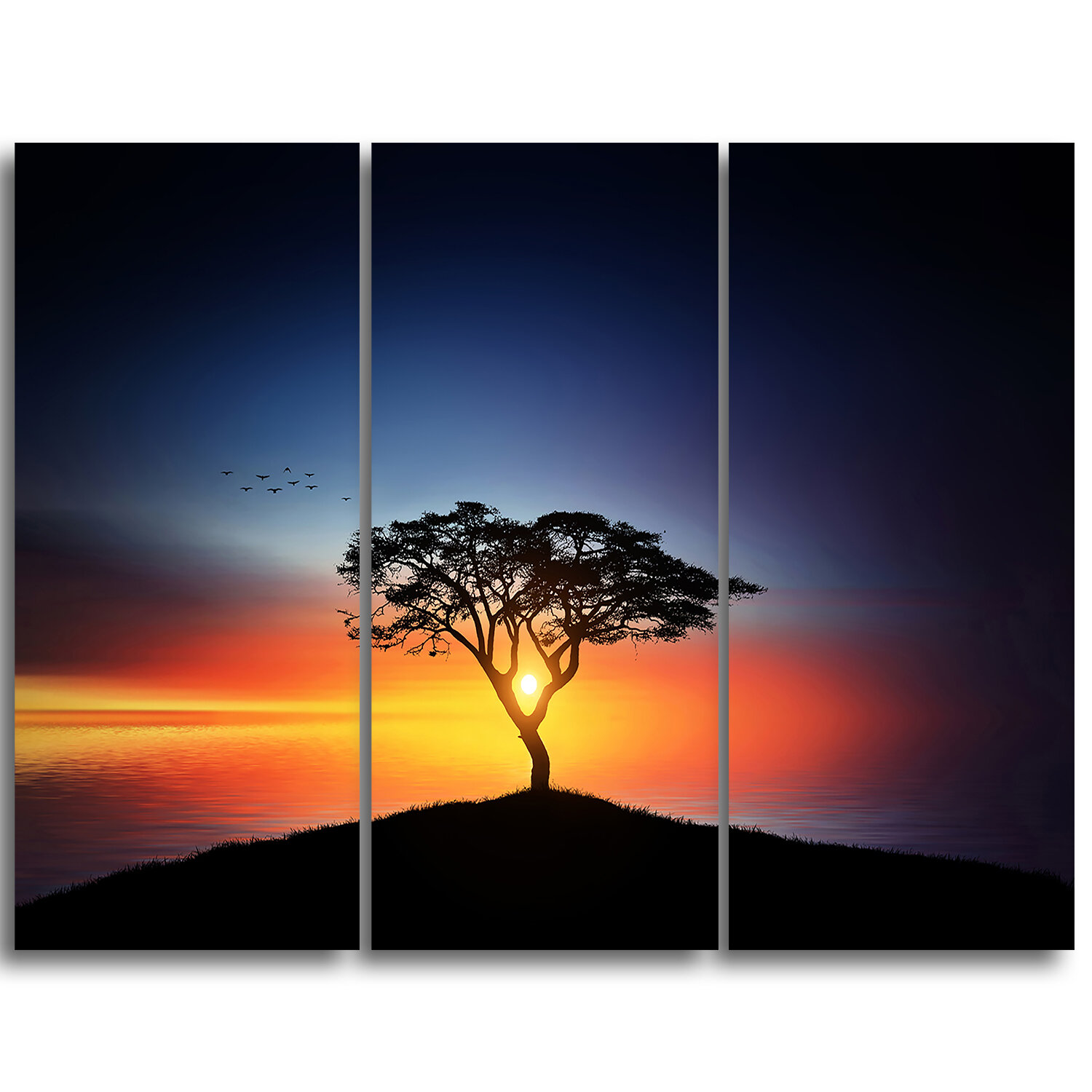 Design Art Beautiful Sunset Over Lonely Tree - 3 Piece Graphic Art on Wrapped Canvas Set, Black