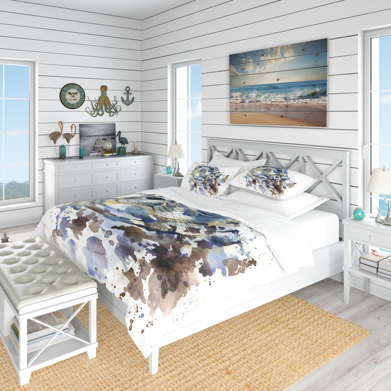 Vintage Beige and Blue Microfiber Coastal Duvet Cover Set