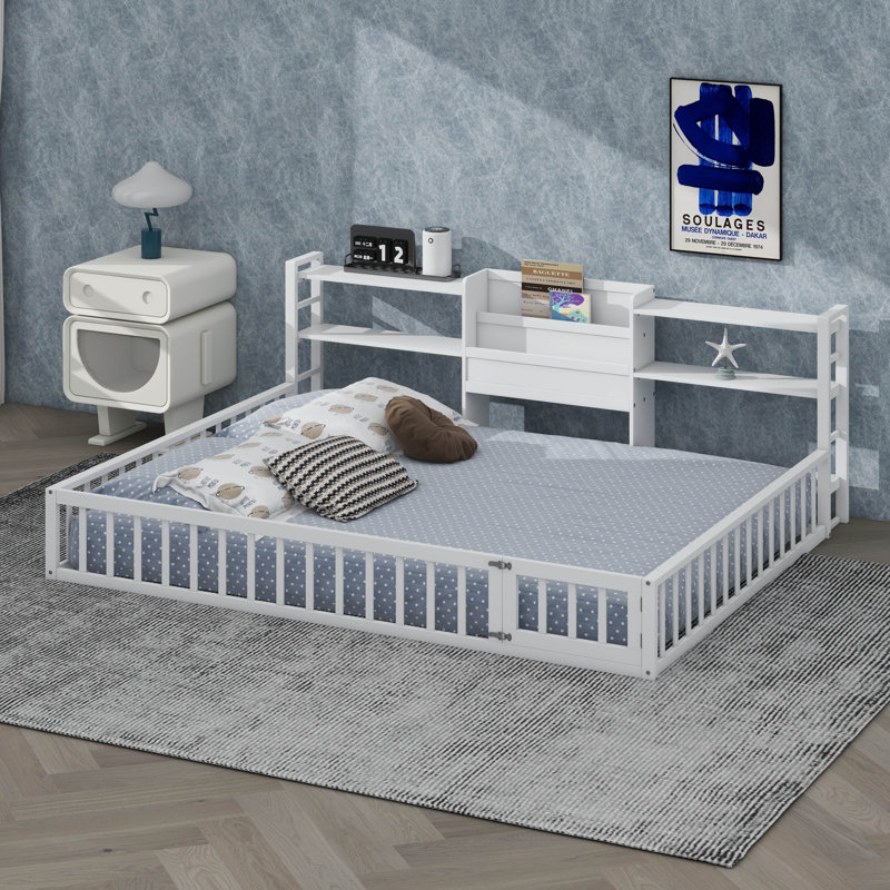 Lit en bois avec garde-corps de clôture et tablettes de rangement à 3 niveaux, lit plateforme avec bibliothèque et support à lattes Montessori