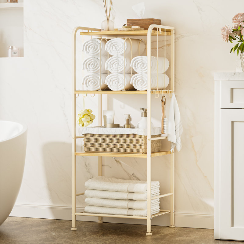 Bathroom Towel Rack Free Standing 3-Tier 4-Tier with U-shaped Dividers, 44" H x 17" W x 12" D, Natural Wood/White