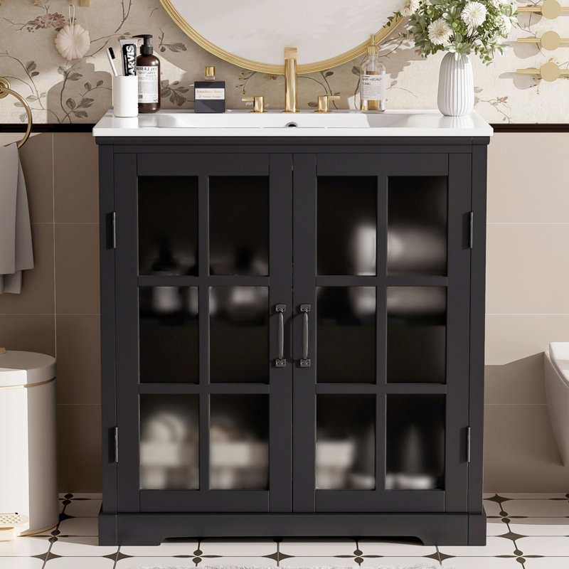 Bathroom Vanity With Sink, Bathroom Vanity Cabinet With Tempered Blurred Glass Doors, Matte Black