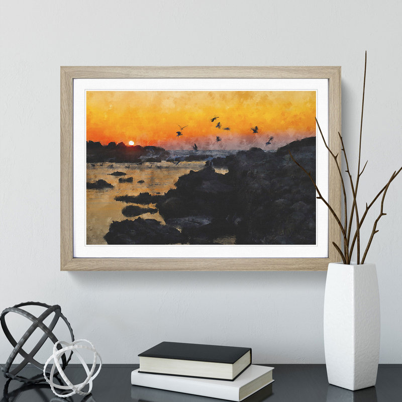 Sunset at the Beach in Spain - Picture Frame Painting, 27cm H x 36cm W x 2cm D, Oak Framed