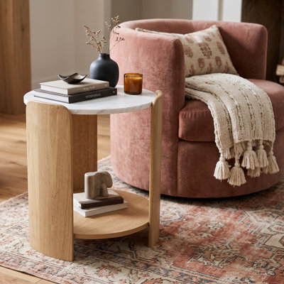 Jadida Modern Oak Veneer Wood Legs Round Marble Top End Table