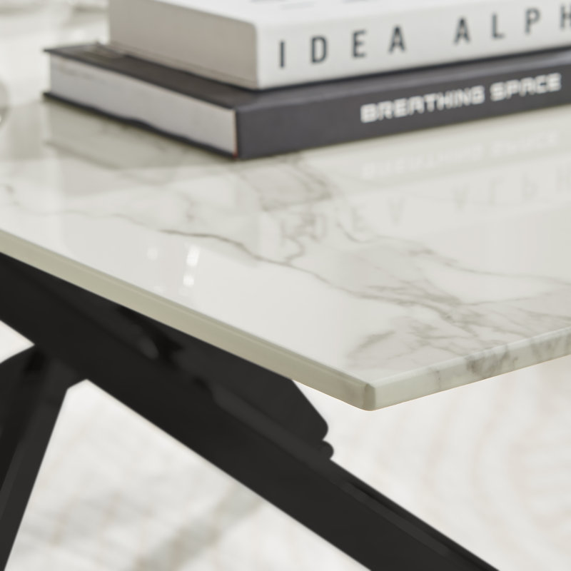 Atal Marble Effect Coffee Table - Glass Topped Metal Leg Centre Table, Black, White