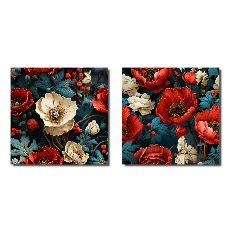 Motif de fleurs de pavot bleues et rouges III, Toile tendue, H 16 po x l 33 po