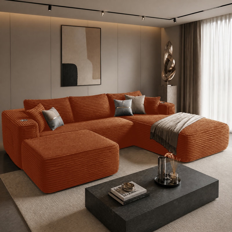 Canapé modulaire en L de 108 po Hornbeck faisant face à la droite avec méridienne et repose-pieds Hornbeck, Orange Corduroy