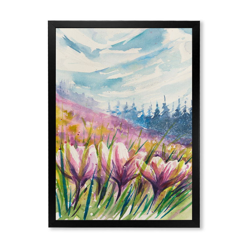 «Crocuses Meadow In Abstract Mountains», art mural traditionnel sur toile, Toile avec cadre photo noir, 20" H x 12" W x 1" D