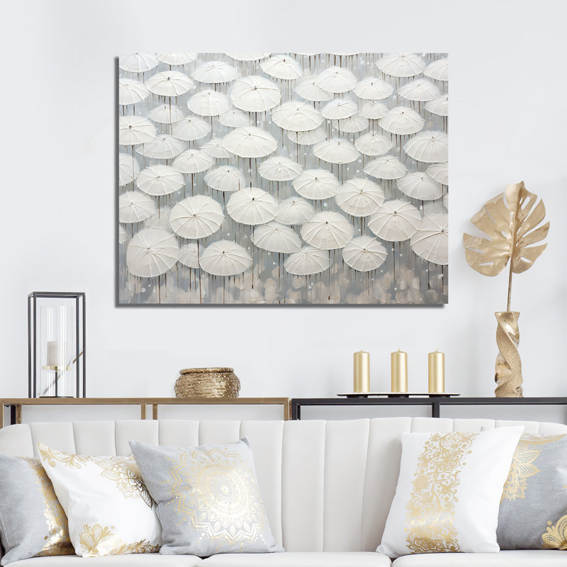 Ciel plein de parapluies blancs sur toile, H 16 po x l 32 po x P 1 po, Toile tendue