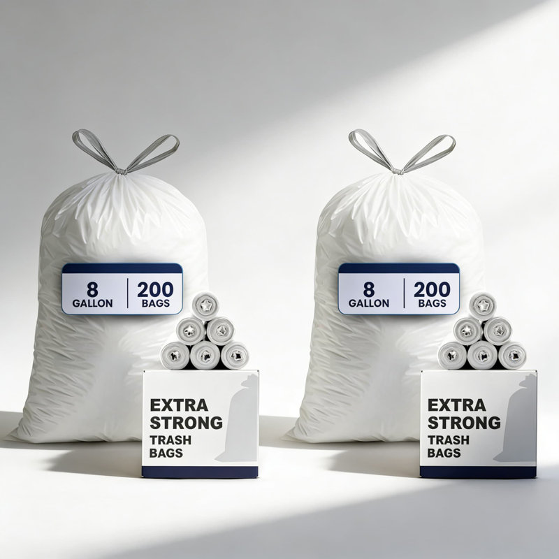 Sacs poubelle à cordon blanc 200 points, capacité de 8 gallons, sacs de poubelle en plastique durables de 0,7 mil d'épaisseur, 22 X 22 pouces, emballage en vrac pour la maison et le bureau