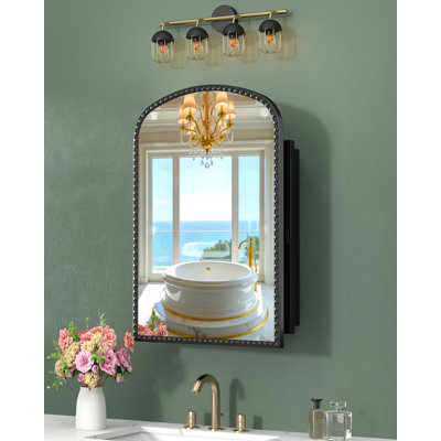 Black Medicine Cabinet for Bathroom, Surface Mount or Recessed Medicine Cabinets with Storage and Arched Mirror 20"x28", All-Metal Daisy Decor Frame, Includes 2 Adjustable Shelves and 1 Organizer