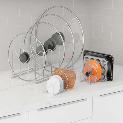 3 Pack Stainless Steel Pot Lid Organizer with Anti-slip Pad for Cabinet Silver Lid Rack for Pans Bakeware Plates Cutting Boards
