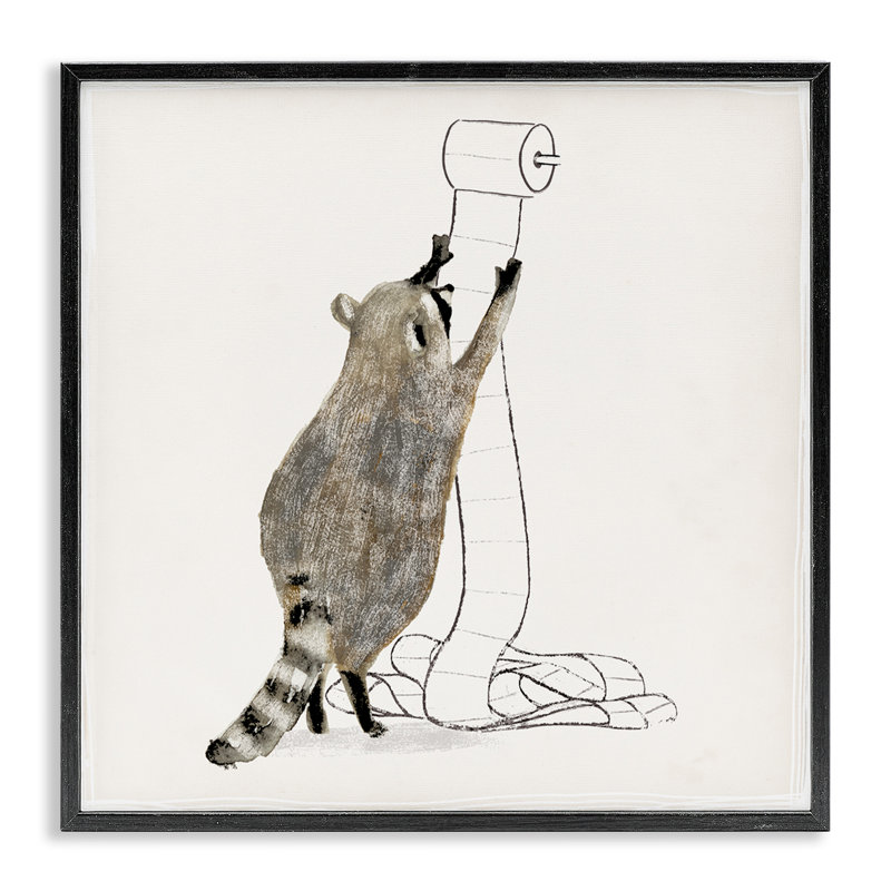 Ramasseur de papier hygiénique raton laveur, Giclée encadrée noir minuit, H 17 po x l 17 po