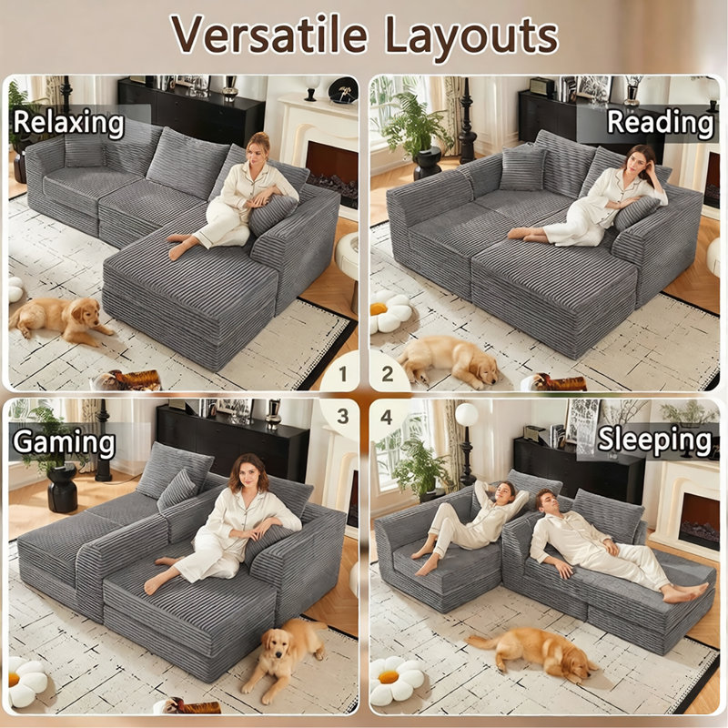 Canapé modulaire moderne en forme de L, 3 places avec méridienne réversible, tissu velours côtelé, aucun assemblage requis pour le salon, la chambre à coucher et le bureau