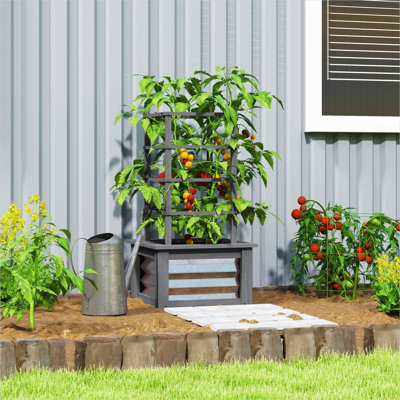 Gray Plant Stands with Solid Wood Detail for Outdoor Space, 17.7 in, Fir Wood and Galvanized