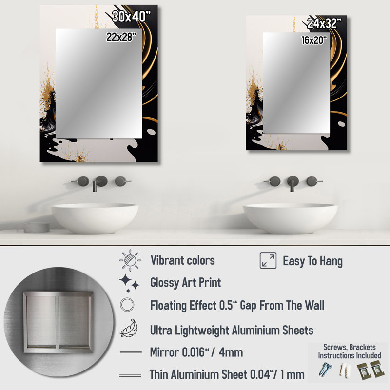 Black And Gold Wave - Abstract Decorative Mirror, Modern Wall Mirror, Printed Metal Art, 32" x 24"