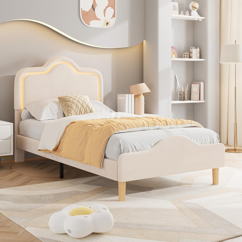 Twin XL Velvet Bed Frame with LED Headboard  Footboard  Princess Platform for Kids  Slats  Beige, Beige, Twin XL