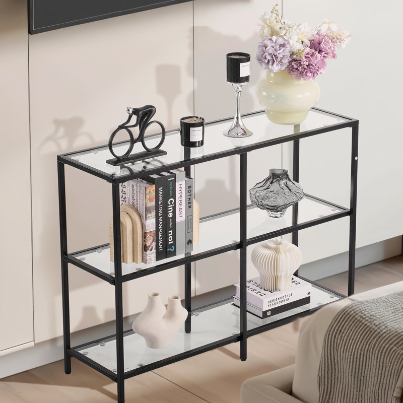 3-Tier Glass Console Table, Modern Rectangle Sofa Side Table with Tempered Glass Top and Iron Legs, Consloe Desk with Anti-Tip Device for Living Room, Hallway, Entryway, Foyer