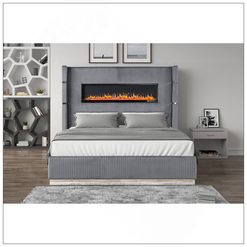 Lit rembourré en bois avec éclairage ambiant, gris, Très grand lit