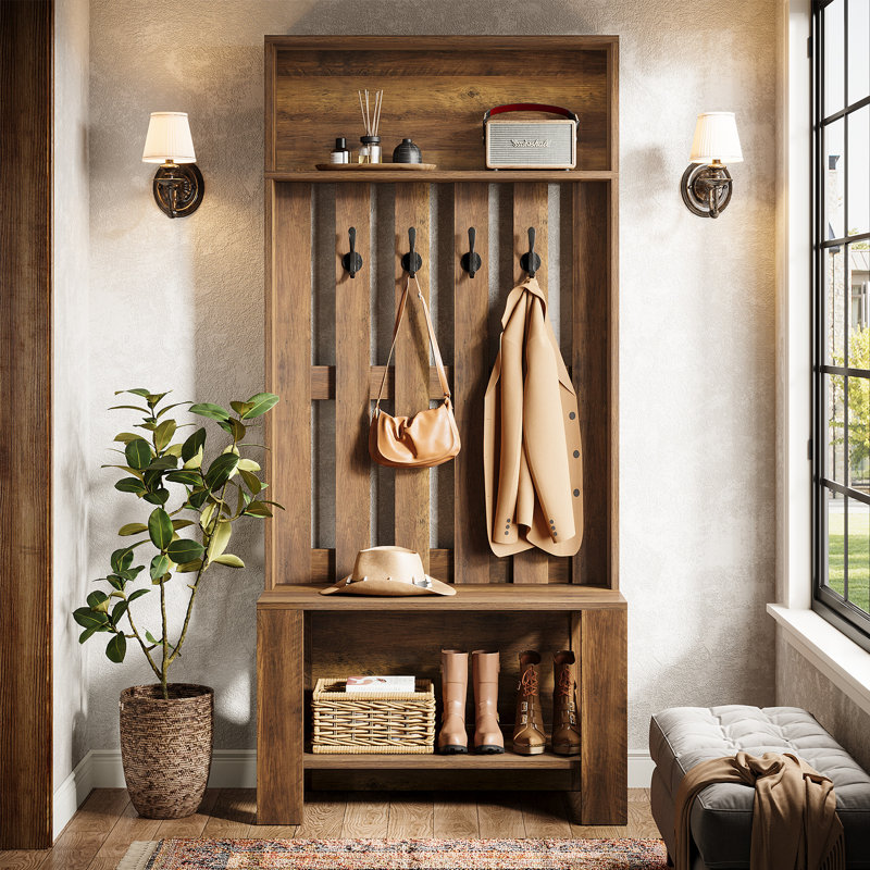 70.9"H Hall Tree with Bench and Shoe Storage, Brown