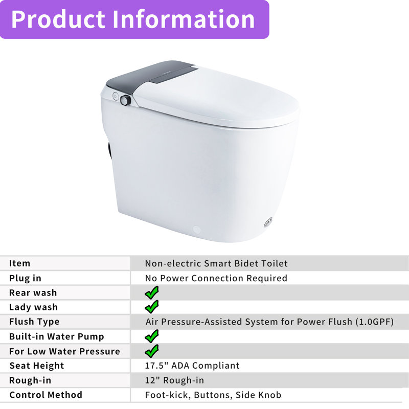 Non-Electric Bidet Toilet, MAP 1000g Powerful Flush Smart Toilet with Lady/Rear Wash, Foot-kick Flush, ADA Comfort Seat Height (Power Free)