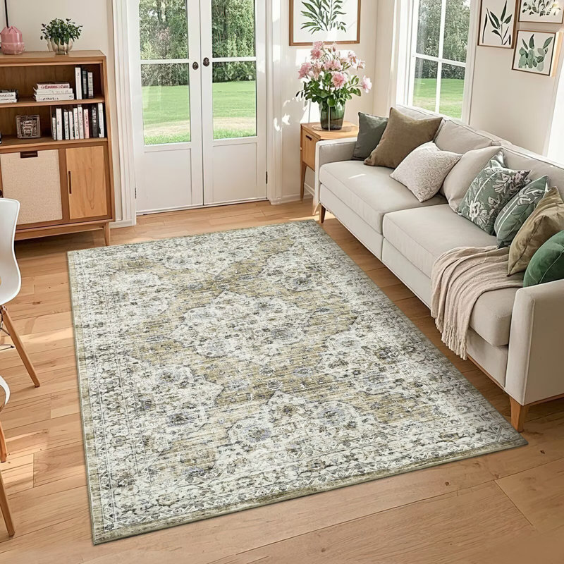 Vintage Floral Rug Washable Rug for Living Room, Retro Oriental Carpet, Soft Low Pile Non Shedding Floor Covering, Foldable Thin Non Shedding Indoor Mat for Bedrooms, Nurseries
