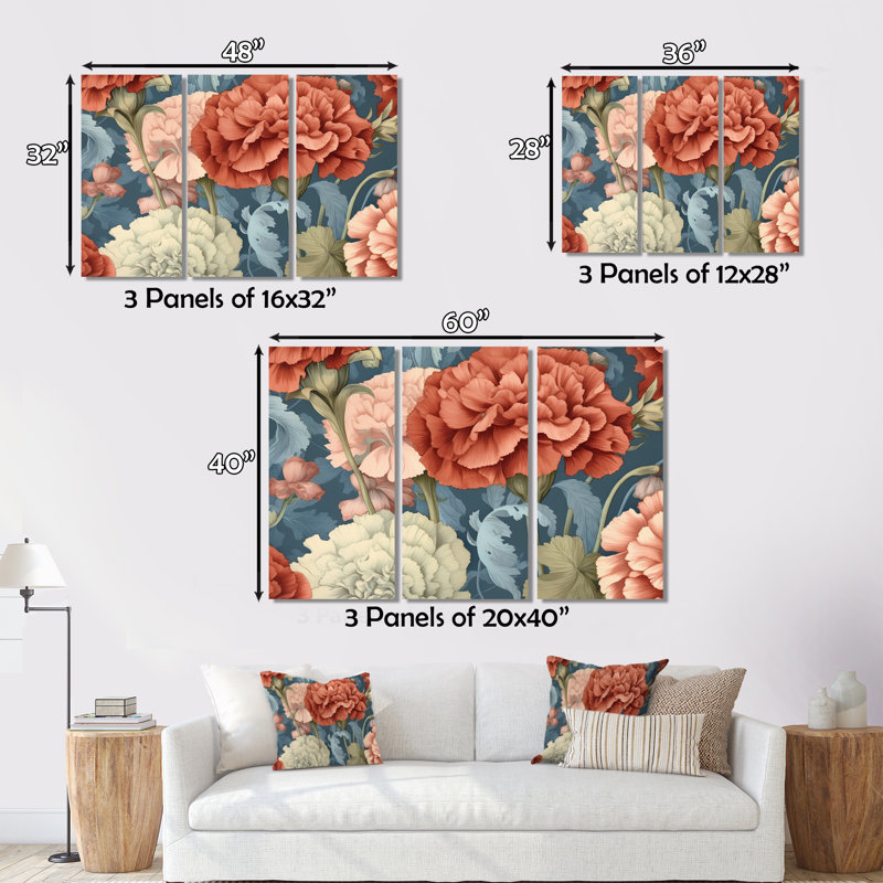 «Coral Blue Carnations Harmony I» sur toile, reproduction de 3 pièces, H 28 po x l 36 po x P 1 po