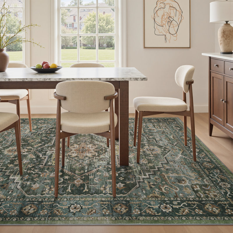 Soft Vintage Machine Washable Green Floral Area Rug With Non-Slip Backing For Living Room, Bedroom, Rectangle 5' x 7'