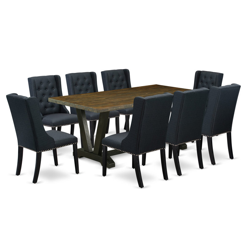 Ensemble de salle à manger 9 pièces - 8 chaises de cuisine en tissu de lin noir capitonnées avec des têtes de clous et une table de salle à manger Jacobean patinée - Finition noire brossée