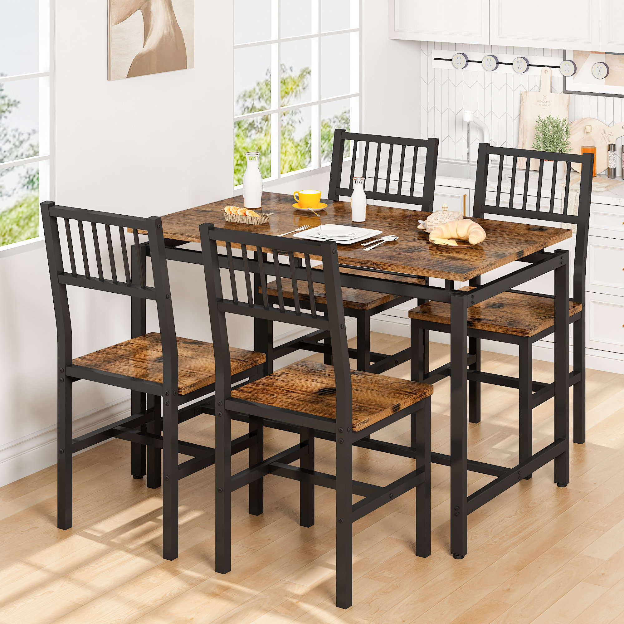 Zenvida 5 piece dining set rustic grey wooden kitchen table and 4 chairs hot sale