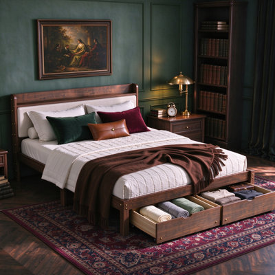 Full Size Platform Bed with Storage Drawers, Upholstered Headboard and Solid Wood Slats, No Box Spring Needed, Walnut Finish