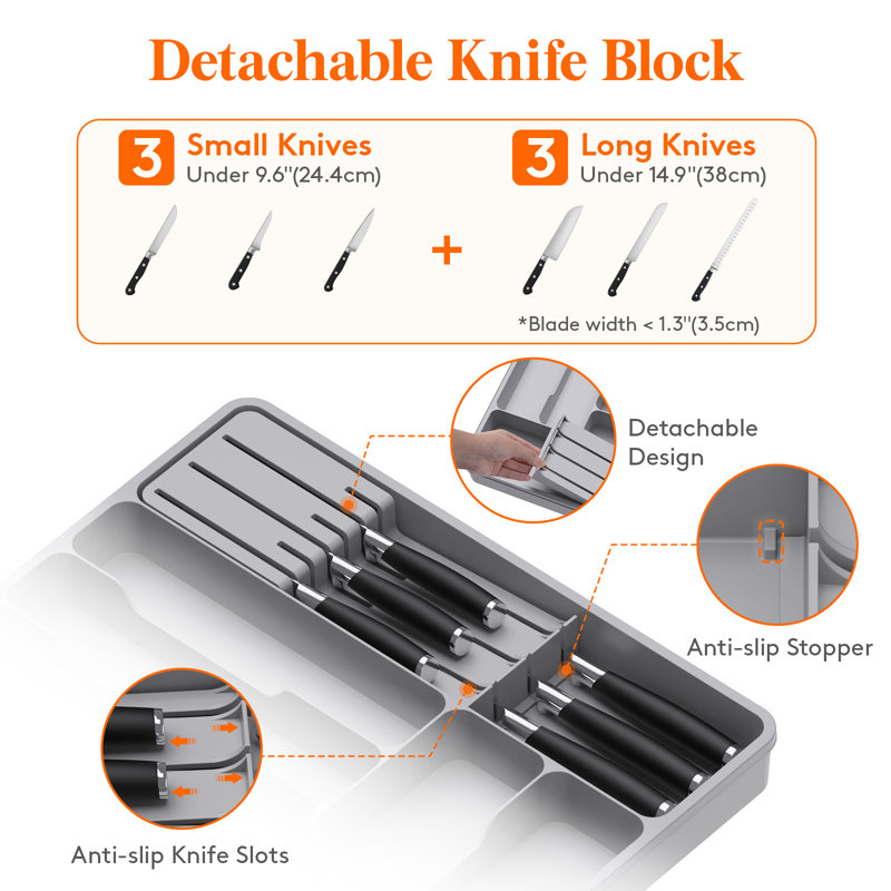 Rangement à ustensiles pour tiroirs de cuisine, plateau à ustensiles extensible avec porte-couteaux amovible, porte-couverts et couverts réglables, séparateur de fourchettes à cuillère en plastique, grand, noir