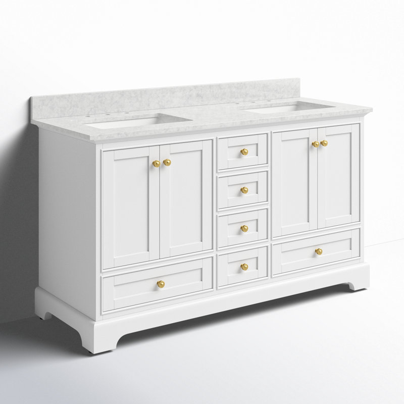 Audrey 60'' W Double Vanity, White/Brushed Gold, Carrara White Marble