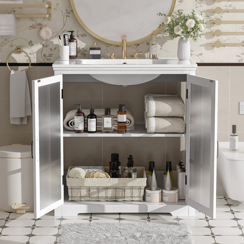 Meuble-lavabo avec porte en verre trempé, Blanc