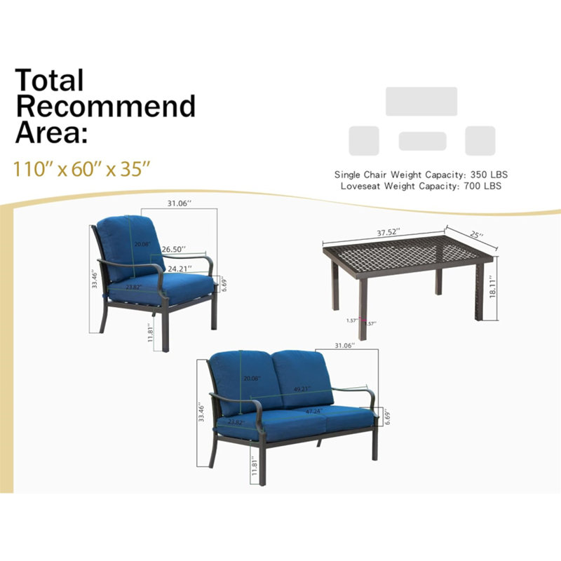 Ensemble de conversation de patio en métal exceptionnel pour le plaisir et la détente dans le jardin, Marine