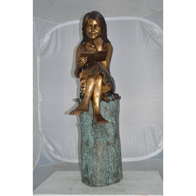 Sitting Girl On Log Reading A Book Bronze Statue -  Size: 19"L X 13"W X 48"H.