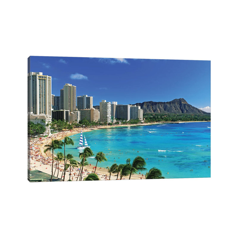 Palm Trees On The Beach, Diamond Head, Waikiki Beach, Oahu, Honolulu, Hawaii, USA by Panoramic Images - Wrapped Canvas Print
