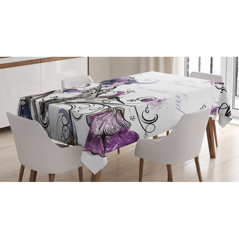 Ambesonne Hummingbird Tablecloth, Flowers Leaves Bird And Classic Patterns Curvy Lines Ornament Nostalgic Art, Rectangular Table Cover For Dining Room Kitchen Decor, 52" X 70", Purple Black