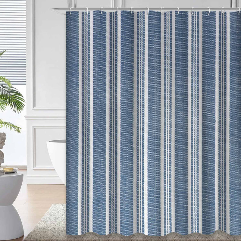 Rideau de douche en tissu, lin et coton rayé bleu crème avec 12 crochets, L 72 po x l 72 po