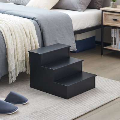 3-Step Wooden Bedside Stairs with Storage, Pet & Toddler Safety Steps for High Beds, Compact Step Ladder for Adults and Kids - Black
